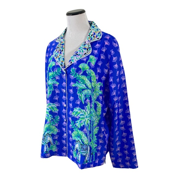 Lilly Pulitzer PJ Satin Long Sleeve Top Blue Grotto Fan Favorite Sz M - Picture 6 of 8
